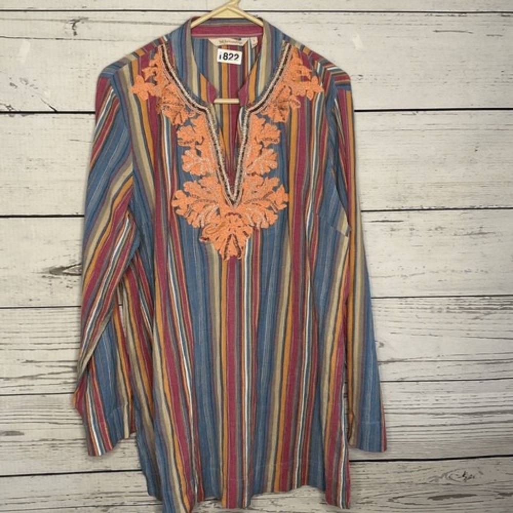Soft Surroundings Blue/Orange Striped Beaded Kurta Boho Tunic Top Women L India
